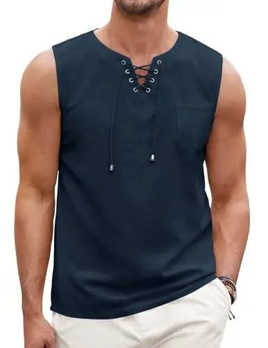 COOFANDY Men's Cotton Linen Tank Top Shirts Casual Sleeveless Lace Up Beach Hippie Tops Bohemian Renaissance Pirate Tunic 