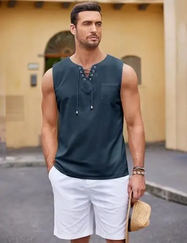 COOFANDY Men's Cotton Linen Tank Top Shirts Casual Sleeveless Lace Up Beach Hippie Tops Bohemian Renaissance Pirate Tunic - 4