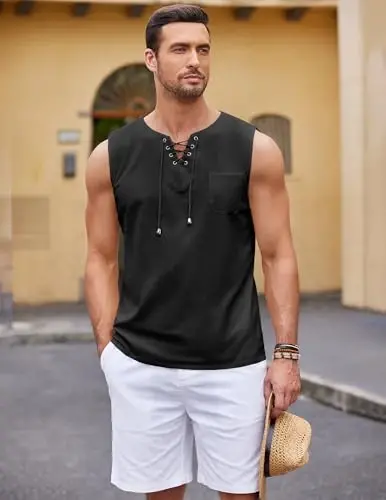 COOFANDY Men's Cotton Linen Tank Top Shirts Casual Sleeveless Lace Up Beach Hippie Tops Bohemian Renaissance Pirate Tunic - 4