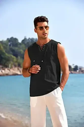 COOFANDY Men's Cotton Linen Tank Top Shirts Casual Sleeveless Lace Up Beach Hippie Tops Bohemian Renaissance Pirate Tunic - COOFANDY (1)
