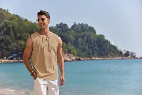 COOFANDY Men's Cotton Linen Tank Top Shirts Casual Sleeveless Lace Up Beach Hippie Tops Bohemian Renaissance Pirate Tunic - 2