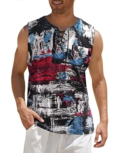 COOFANDY Men's Cotton Linen Tank Top Shirts Casual Sleeveless Lace Up Beach Hippie Tops Bohemian Renaissance Pirate Tunic - COOFANDY