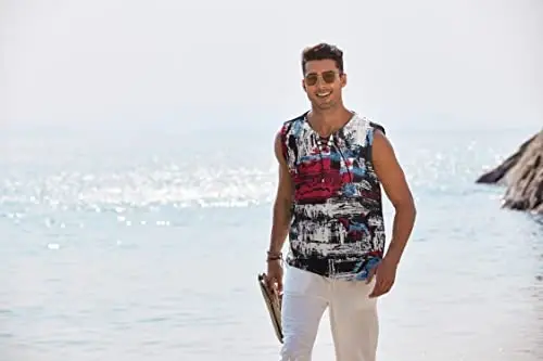 COOFANDY Men's Cotton Linen Tank Top Shirts Casual Sleeveless Lace Up Beach Hippie Tops Bohemian Renaissance Pirate Tunic - 2