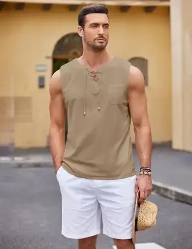COOFANDY Men's Cotton Linen Tank Top Shirts Casual Sleeveless Lace Up Beach Hippie Tops Bohemian Renaissance Pirate Tunic - 2