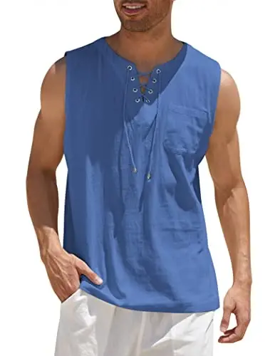 COOFANDY Men's Cotton Linen Tank Top Shirts Casual Sleeveless Lace Up Beach Hippie Tops Bohemian Renaissance Pirate Tunic - MODAZONE