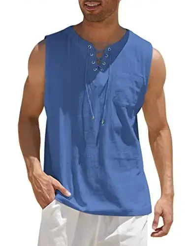 COOFANDY Men's Cotton Linen Tank Top Shirts Casual Sleeveless Lace Up Beach Hippie Tops Bohemian Renaissance Pirate Tunic - 1
