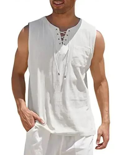 COOFANDY Men's Cotton Linen Tank Top Shirts Casual Sleeveless Lace Up Beach Hippie Tops Bohemian Renaissance Pirate Tunic - MODAZONE