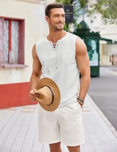 COOFANDY Men's Cotton Linen Tank Top Shirts Casual Sleeveless Lace Up Beach Hippie Tops Bohemian Renaissance Pirate Tunic - 2