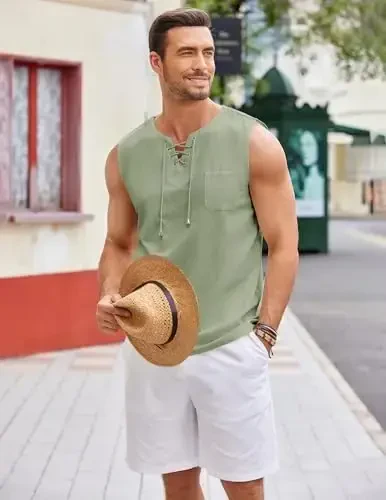 COOFANDY Men's Cotton Linen Tank Top Shirts Casual Sleeveless Lace Up Beach Hippie Tops Bohemian Renaissance Pirate Tunic - 2