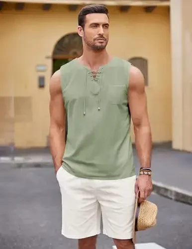 COOFANDY Men's Cotton Linen Tank Top Shirts Casual Sleeveless Lace Up Beach Hippie Tops Bohemian Renaissance Pirate Tunic - 3