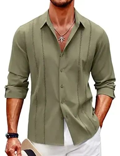 COOFANDY Mens Cuban Guayabera Shirt Casual Button Down Shirts Long Sleeve Summer Beach Shirts - COOFANDY