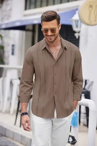 COOFANDY Mens Cuban Guayabera Shirt Casual Button Down Shirts Long Sleeve Summer Beach Shirts - 2