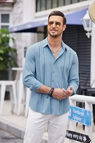 COOFANDY Mens Cuban Guayabera Shirt Casual Button Down Shirts Long Sleeve Summer Beach Shirts - 3