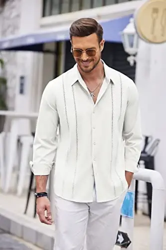 COOFANDY Mens Cuban Guayabera Shirt Casual Button Down Shirts Long Sleeve Summer Beach Shirts - 4