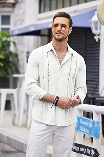 COOFANDY Mens Cuban Guayabera Shirt Casual Button Down Shirts Long Sleeve Summer Beach Shirts - 3
