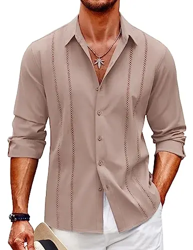 COOFANDY Mens Cuban Guayabera Shirt Casual Button Down Shirts Long Sleeve Summer Beach Shirts 