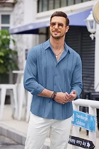 COOFANDY Mens Cuban Guayabera Shirt Casual Button Down Shirts Long Sleeve Summer Beach Shirts - 2