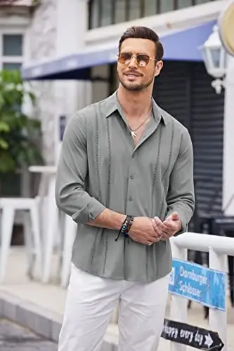 COOFANDY Mens Cuban Guayabera Shirt Casual Button Down Shirts Long Sleeve Summer Beach Shirts - 3