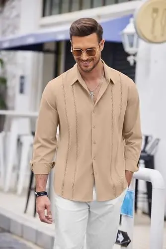 COOFANDY Mens Cuban Guayabera Shirt Casual Button Down Shirts Long Sleeve Summer Beach Shirts - 2