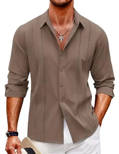 COOFANDY Mens Cuban Guayabera Shirt Casual Button Down Shirts Long Sleeve Summer Beach Shirts - 1