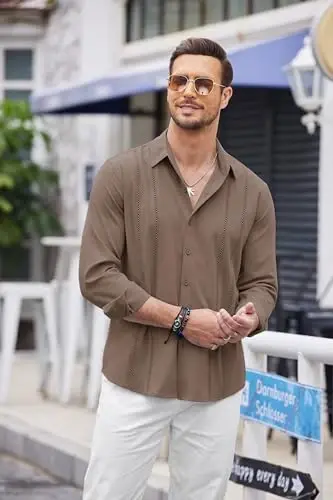 COOFANDY Mens Cuban Guayabera Shirt Casual Button Down Shirts Long Sleeve Summer Beach Shirts - 3
