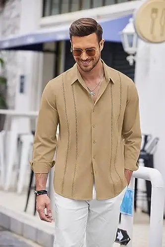 COOFANDY Mens Cuban Guayabera Shirt Casual Button Down Shirts Long Sleeve Summer Beach Shirts - COOFANDY (1)