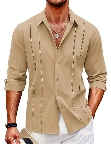 COOFANDY Mens Cuban Guayabera Shirt Casual Button Down Shirts Long Sleeve Summer Beach Shirts - 1