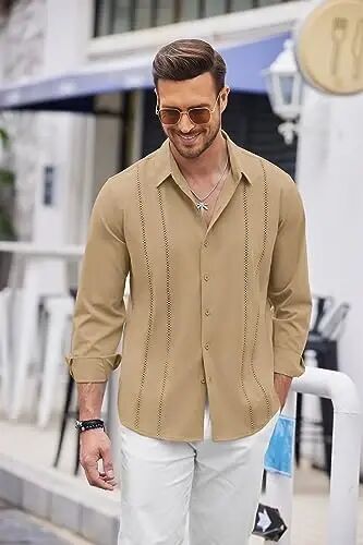 COOFANDY Mens Cuban Guayabera Shirt Casual Button Down Shirts Long Sleeve Summer Beach Shirts - 2