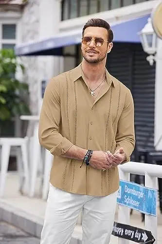 COOFANDY Mens Cuban Guayabera Shirt Casual Button Down Shirts Long Sleeve Summer Beach Shirts - 3