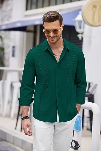COOFANDY Mens Cuban Guayabera Shirt Casual Button Down Shirts Long Sleeve Summer Beach Shirts - COOFANDY (1)