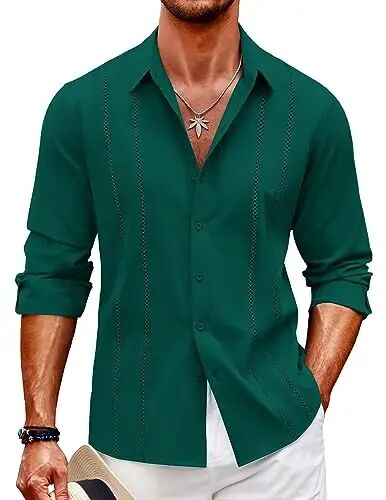 COOFANDY Mens Cuban Guayabera Shirt Casual Button Down Shirts Long Sleeve Summer Beach Shirts - COOFANDY