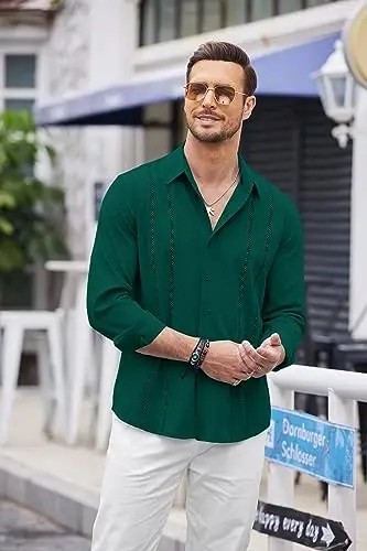 COOFANDY Mens Cuban Guayabera Shirt Casual Button Down Shirts Long Sleeve Summer Beach Shirts - 3