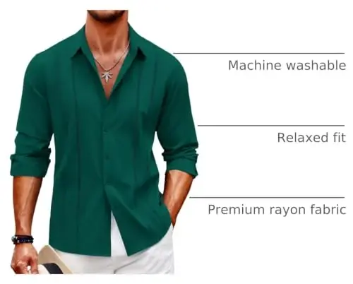 COOFANDY Mens Cuban Guayabera Shirt Casual Button Down Shirts Long Sleeve Summer Beach Shirts - 4