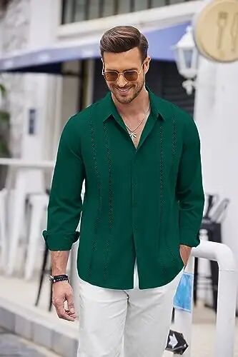 COOFANDY Mens Cuban Guayabera Shirt Casual Button Down Shirts Long Sleeve Summer Beach Shirts - COOFANDY (1)