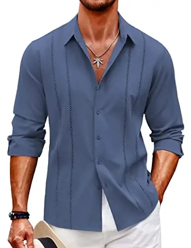 COOFANDY Mens Cuban Guayabera Shirt Casual Button Down Shirts Long Sleeve Summer Beach Shirts - 1