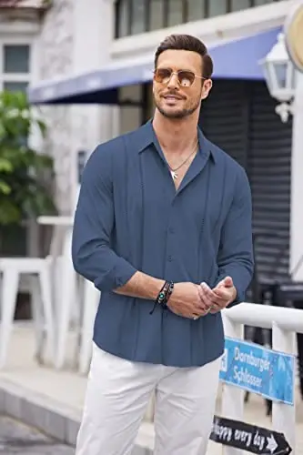 COOFANDY Mens Cuban Guayabera Shirt Casual Button Down Shirts Long Sleeve Summer Beach Shirts - 3