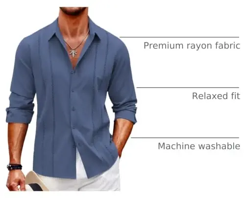 COOFANDY Mens Cuban Guayabera Shirt Casual Button Down Shirts Long Sleeve Summer Beach Shirts - 4
