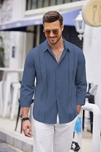 COOFANDY Mens Cuban Guayabera Shirt Casual Button Down Shirts Long Sleeve Summer Beach Shirts - 5
