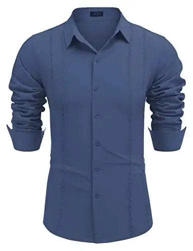 COOFANDY Mens Cuban Guayabera Shirt Casual Button Down Shirts Long Sleeve Summer Beach Shirts - 6