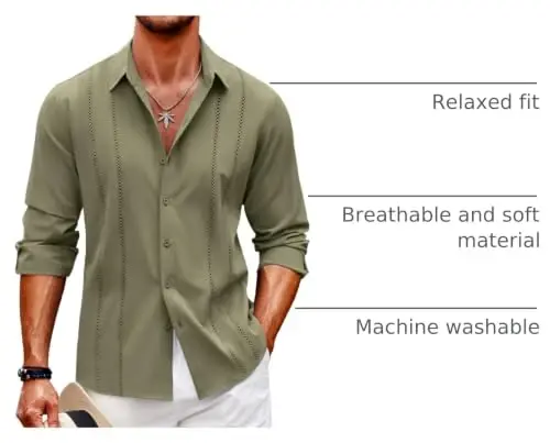 COOFANDY Mens Cuban Guayabera Shirt Casual Button Down Shirts Long Sleeve Summer Beach Shirts - 4