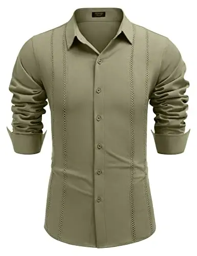 COOFANDY Mens Cuban Guayabera Shirt Casual Button Down Shirts Long Sleeve Summer Beach Shirts - 6