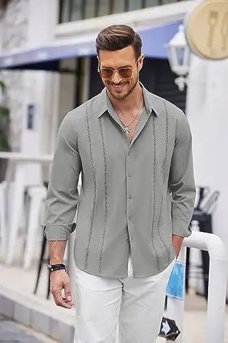 COOFANDY Mens Cuban Guayabera Shirt Casual Button Down Shirts Long Sleeve Summer Beach Shirts - COOFANDY (1)