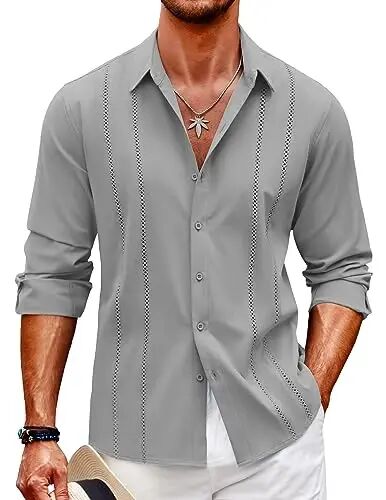 COOFANDY Mens Cuban Guayabera Shirt Casual Button Down Shirts Long Sleeve Summer Beach Shirts - COOFANDY