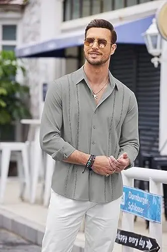 COOFANDY Mens Cuban Guayabera Shirt Casual Button Down Shirts Long Sleeve Summer Beach Shirts - 3