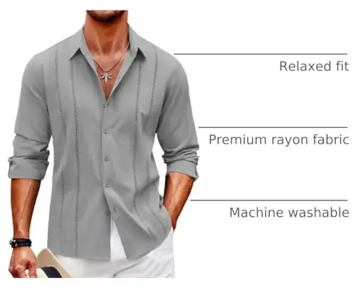 COOFANDY Mens Cuban Guayabera Shirt Casual Button Down Shirts Long Sleeve Summer Beach Shirts - 4