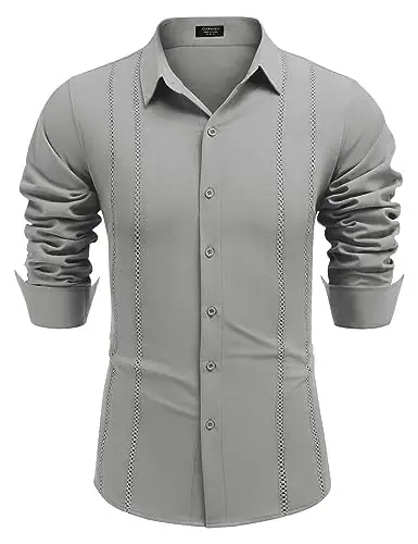 COOFANDY Mens Cuban Guayabera Shirt Casual Button Down Shirts Long Sleeve Summer Beach Shirts - 5