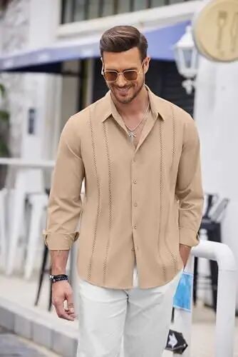 COOFANDY Mens Cuban Guayabera Shirt Casual Button Down Shirts Long Sleeve Summer Beach Shirts - COOFANDY (1)