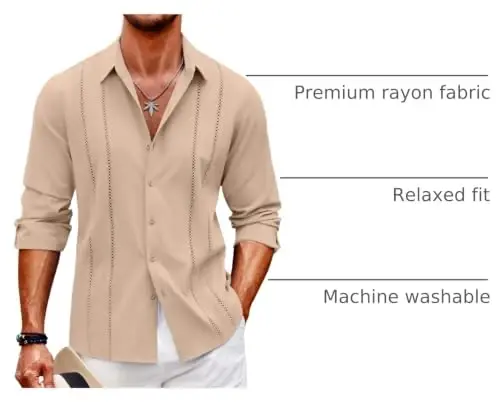 COOFANDY Mens Cuban Guayabera Shirt Casual Button Down Shirts Long Sleeve Summer Beach Shirts - 4