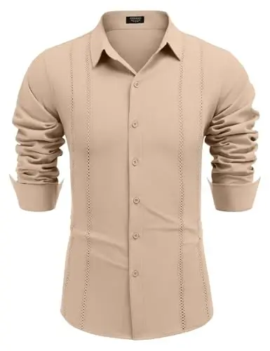 COOFANDY Mens Cuban Guayabera Shirt Casual Button Down Shirts Long Sleeve Summer Beach Shirts - 6
