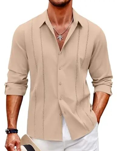 COOFANDY Mens Cuban Guayabera Shirt Casual Button Down Shirts Long Sleeve Summer Beach Shirts - COOFANDY